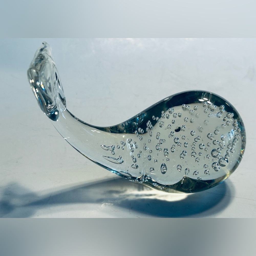 Bullicante Clear Art Glass Whale Paperweight Controlled Bubbles Vintage